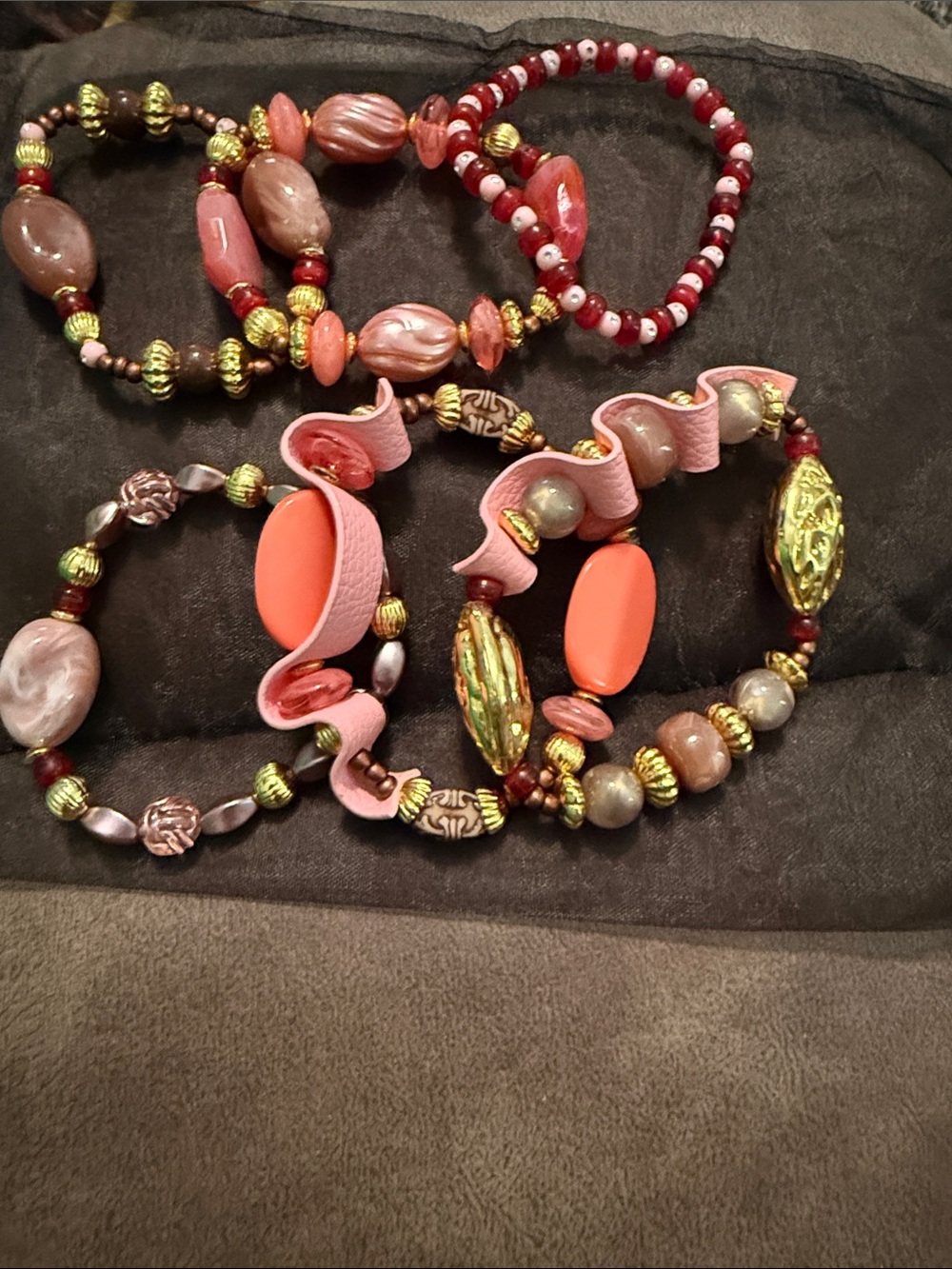 Sassy Jones Handcrafted Pink and Mauve Beaded Stretch Bracelet Stack and hoops - Picture 4 of 5